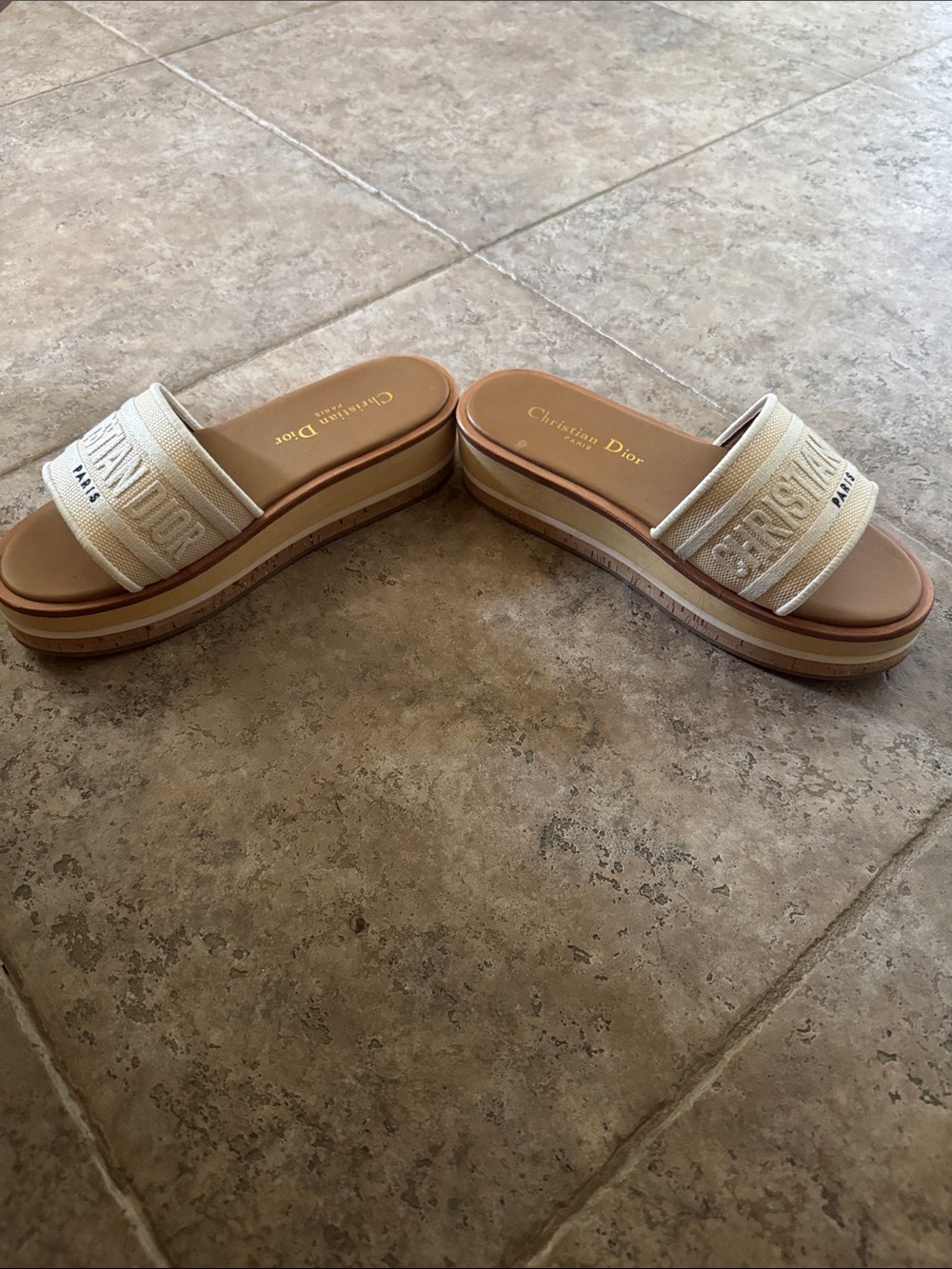 Dior Cream Canvas Slide Sandals with Tan Footbed - Picture 2 of 4